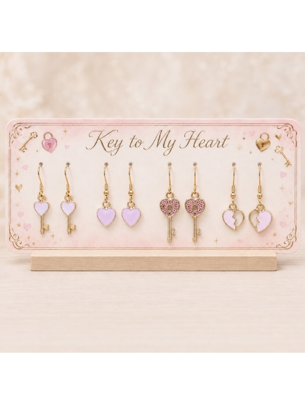 Key to My Heart Earrings Set - Pink Heart & Key Dangle Valentine's Day